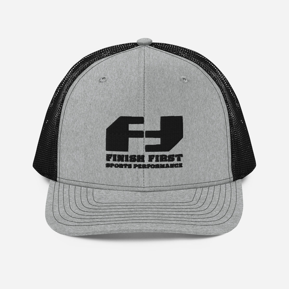 Finish First black logo trucker cap in heather grey and black, front view