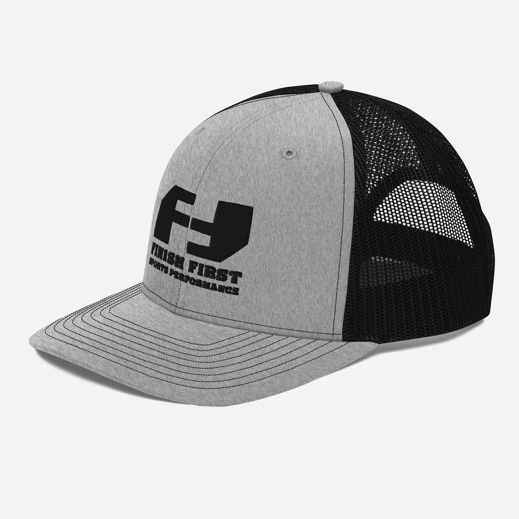 Finish First black logo trucker cap in heather grey and black, left front view