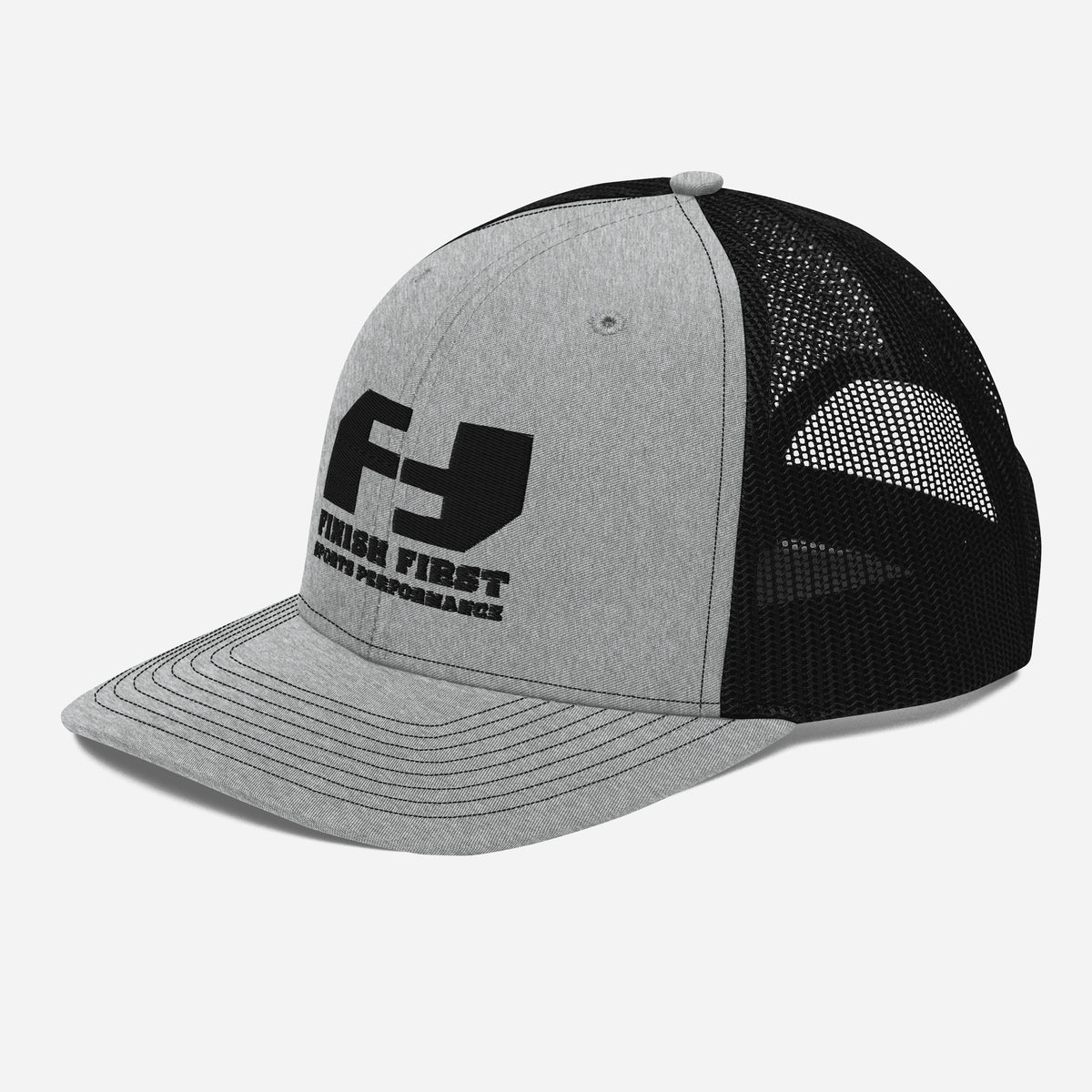 Finish First black logo trucker cap in heather grey and black, left front view