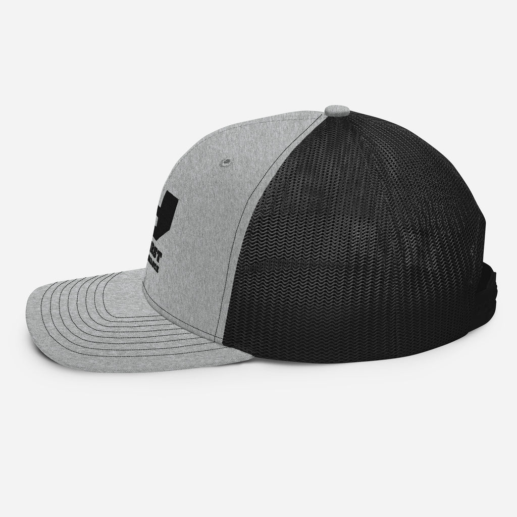 Finish First black logo trucker cap in heather grey and black, left side view