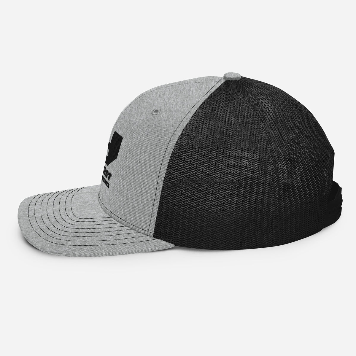 Finish First black logo trucker cap in heather grey and black, left side view