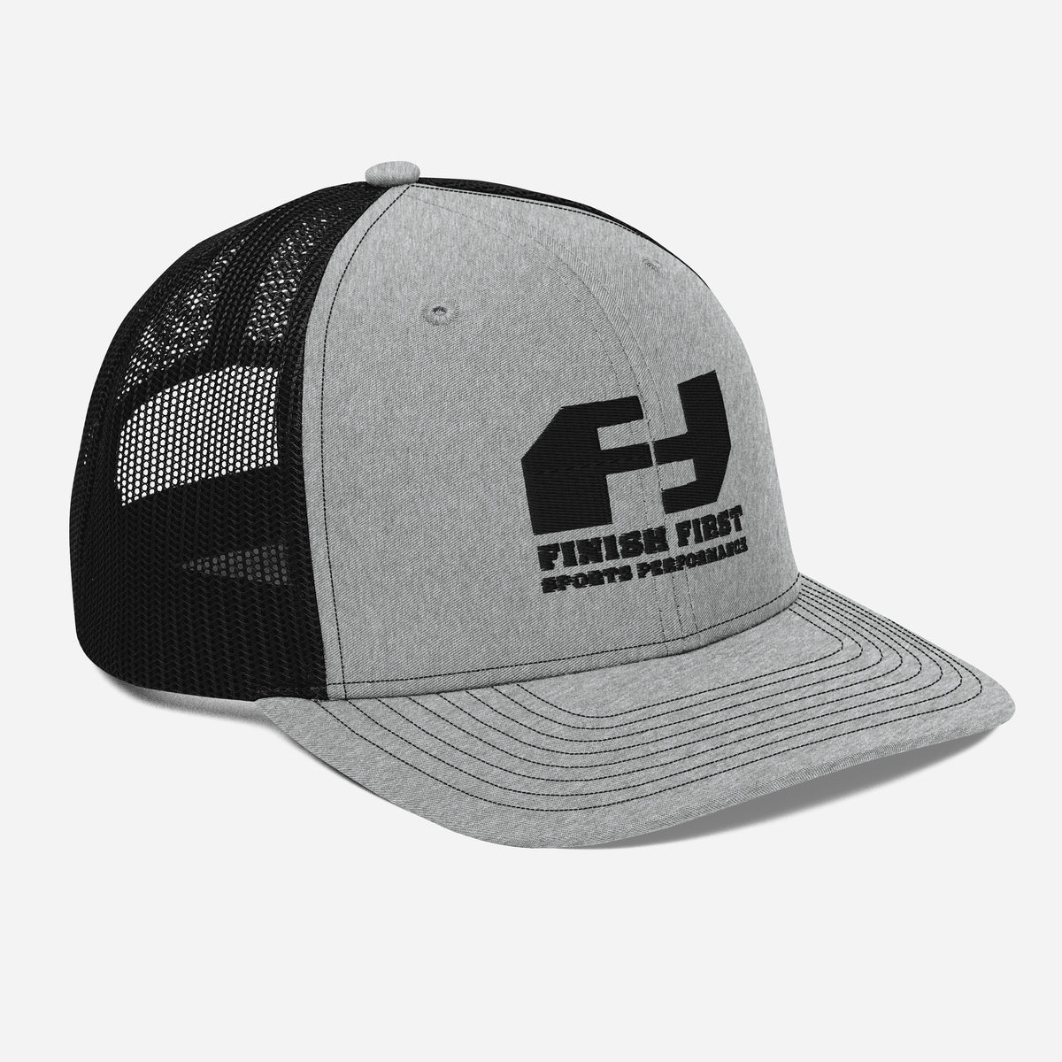 Finish First black logo trucker cap in heather grey and black, right front view