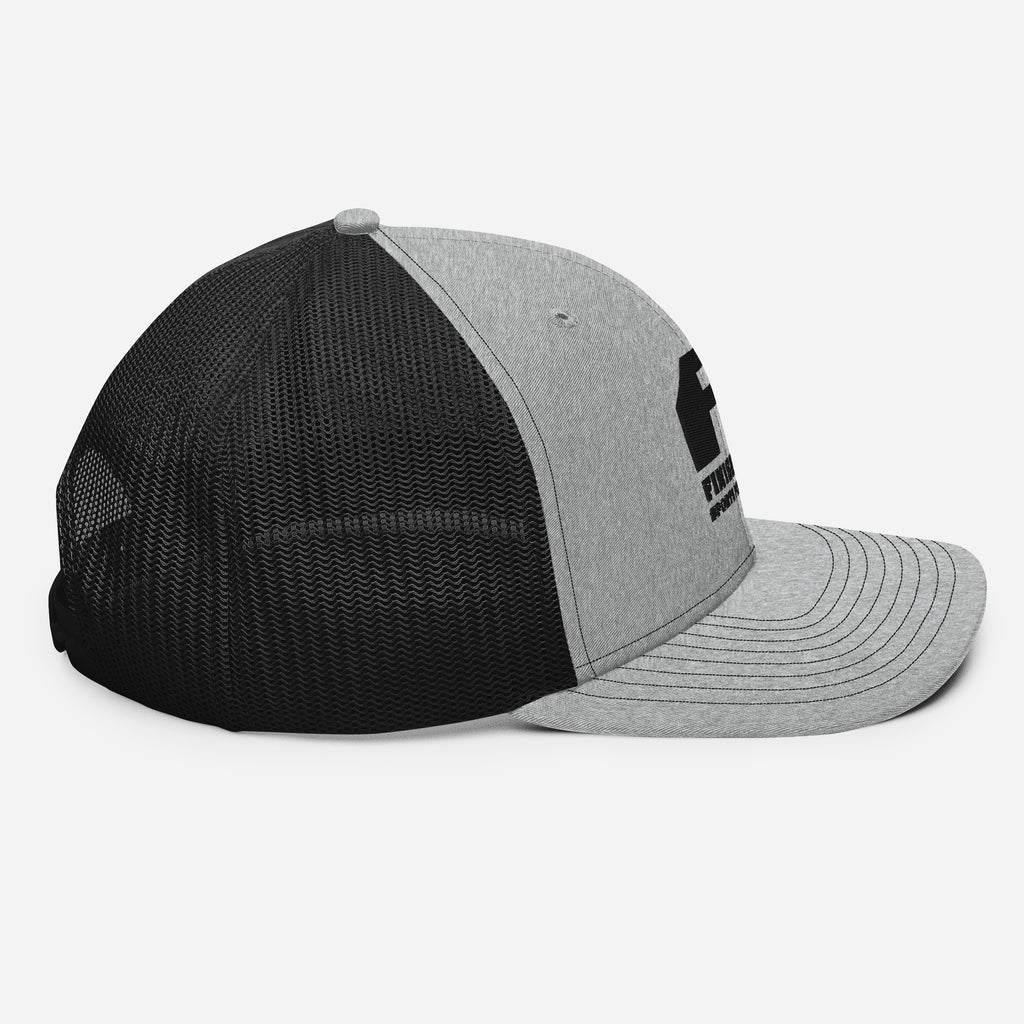 Finish First black logo trucker cap in heather grey and black, right side view