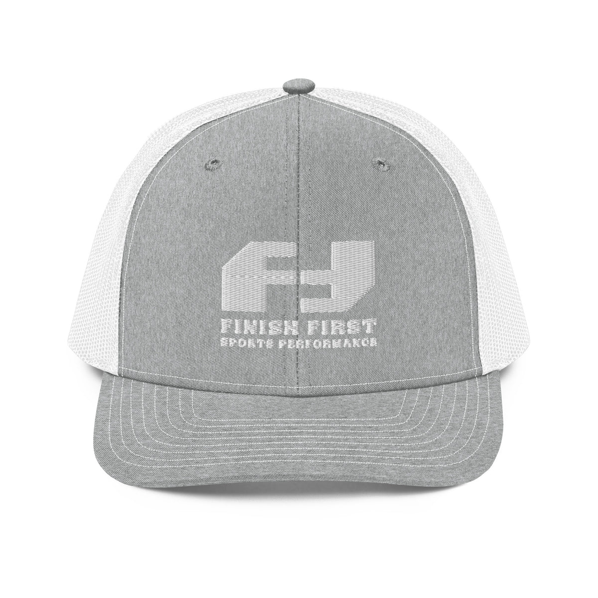 Finish First embroidered trucker cap in heather grey and white, front view