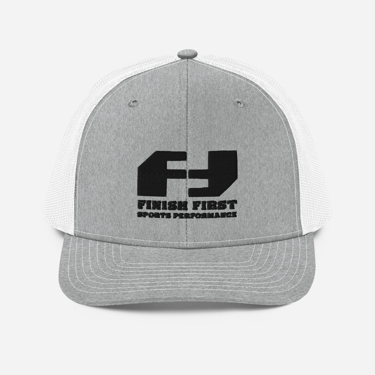 Finish First black logo trucker cap in heather grey and white, front view