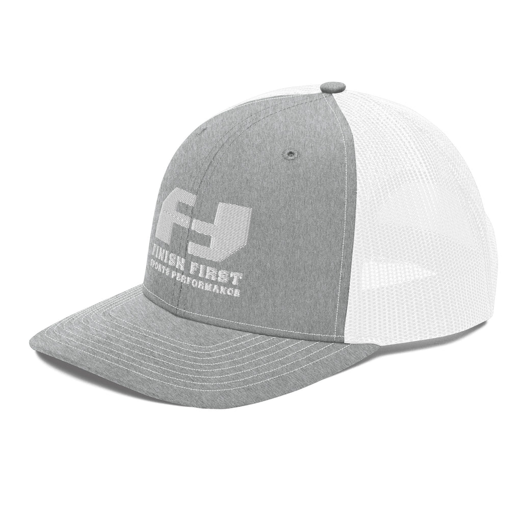 Finish First embroidered trucker cap in heather grey and white, left front view