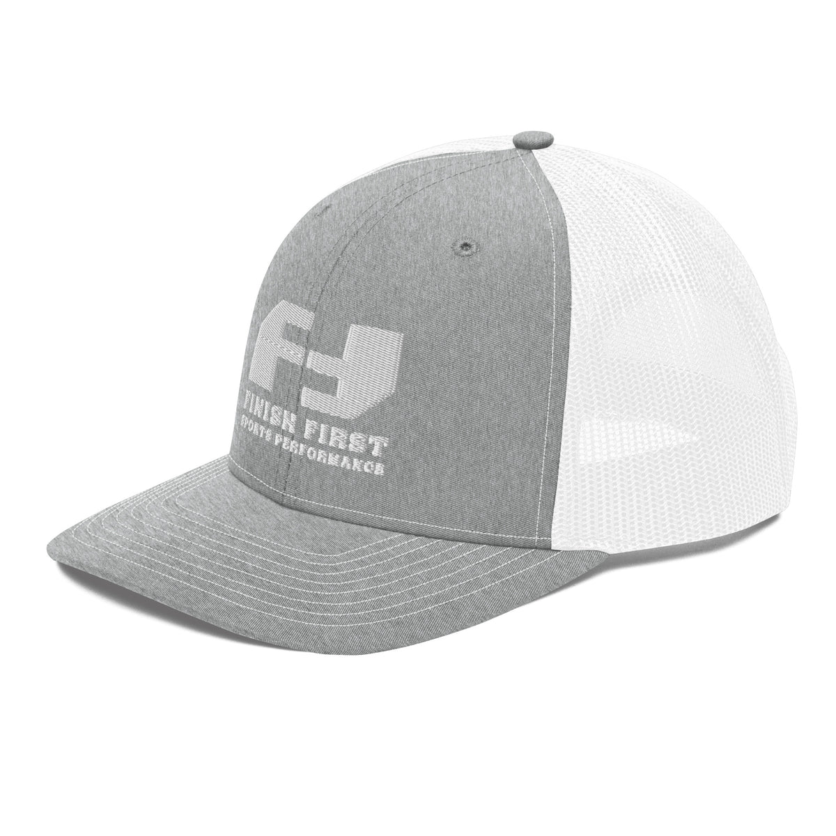 Finish First embroidered trucker cap in heather grey and white, left front view