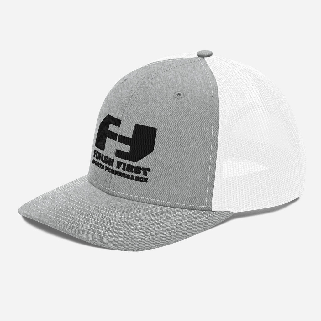 Finish First black logo trucker cap in heather grey and white, left front view
