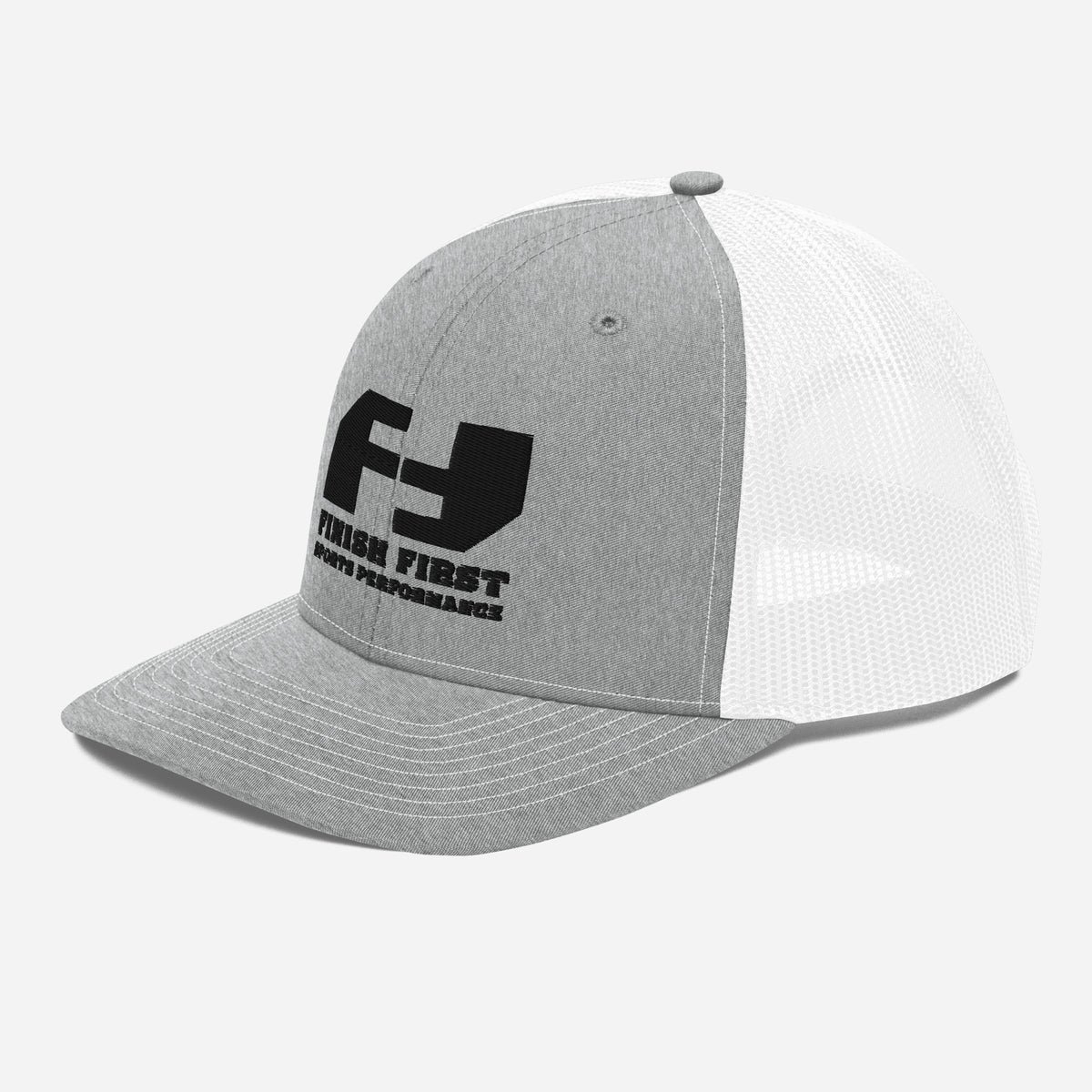 Finish First black logo trucker cap in heather grey and white, left front view