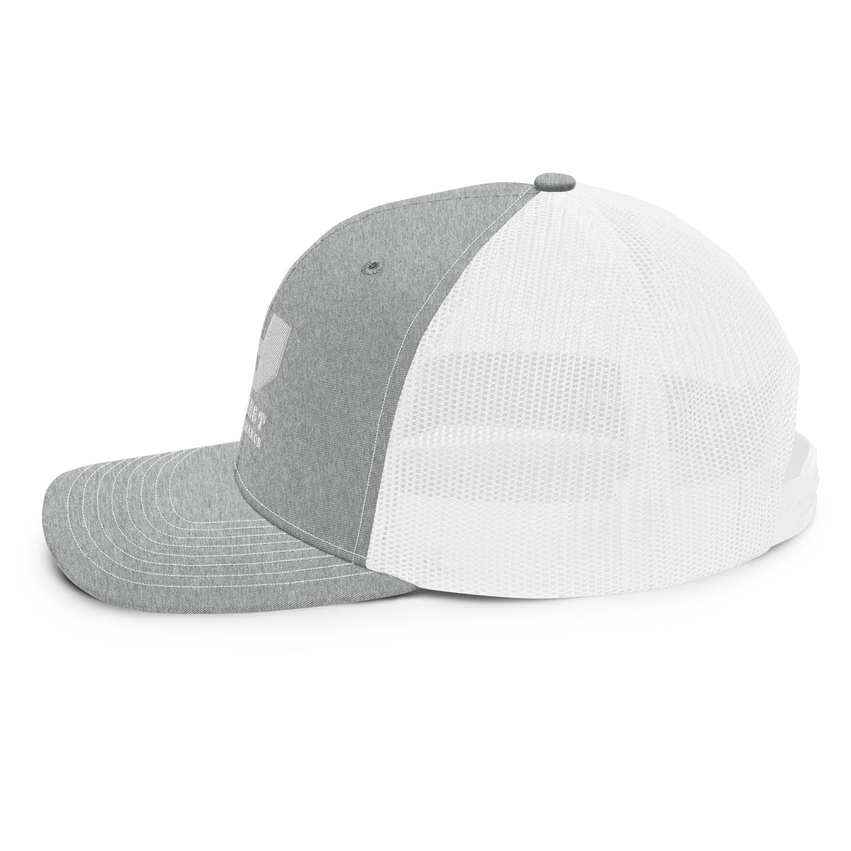 Finish First embroidered trucker cap in heather grey and white, left side view