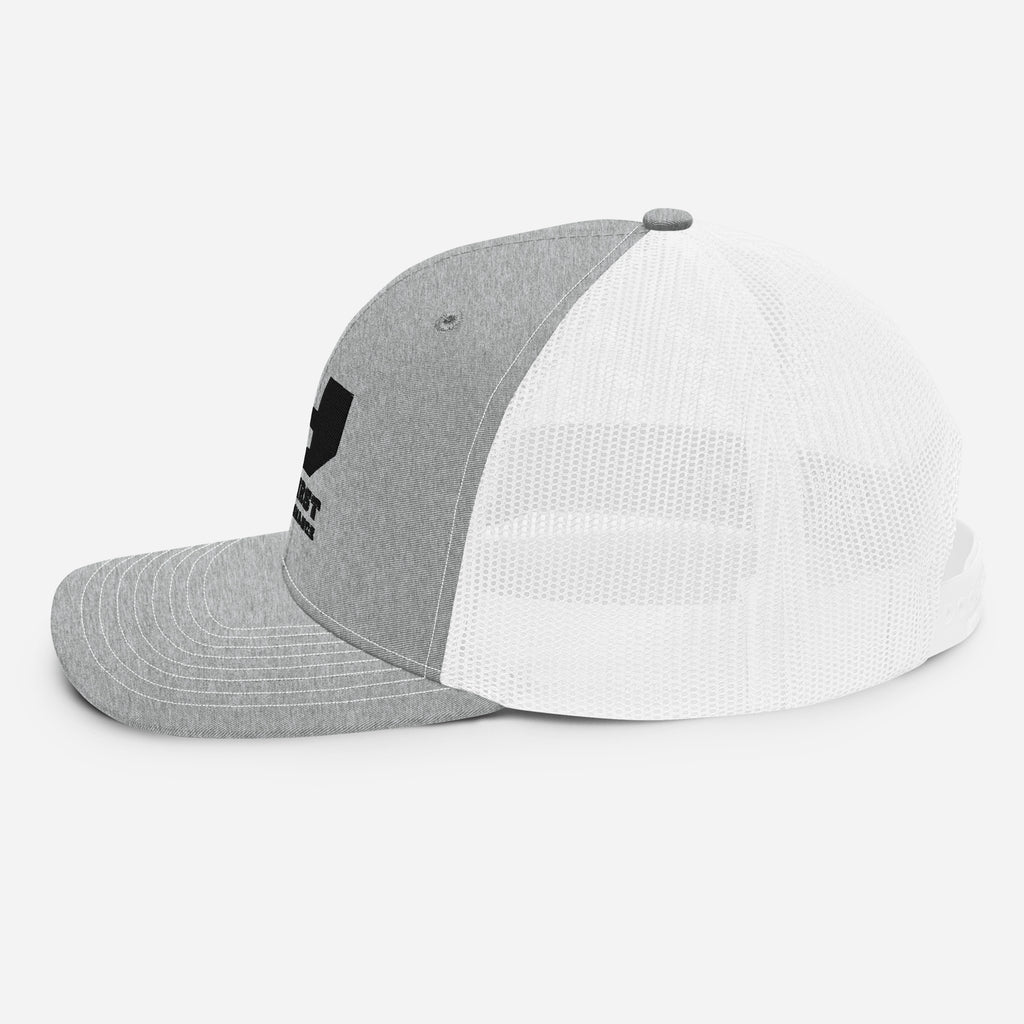 Finish First black logo trucker cap in heather grey and white, left side view