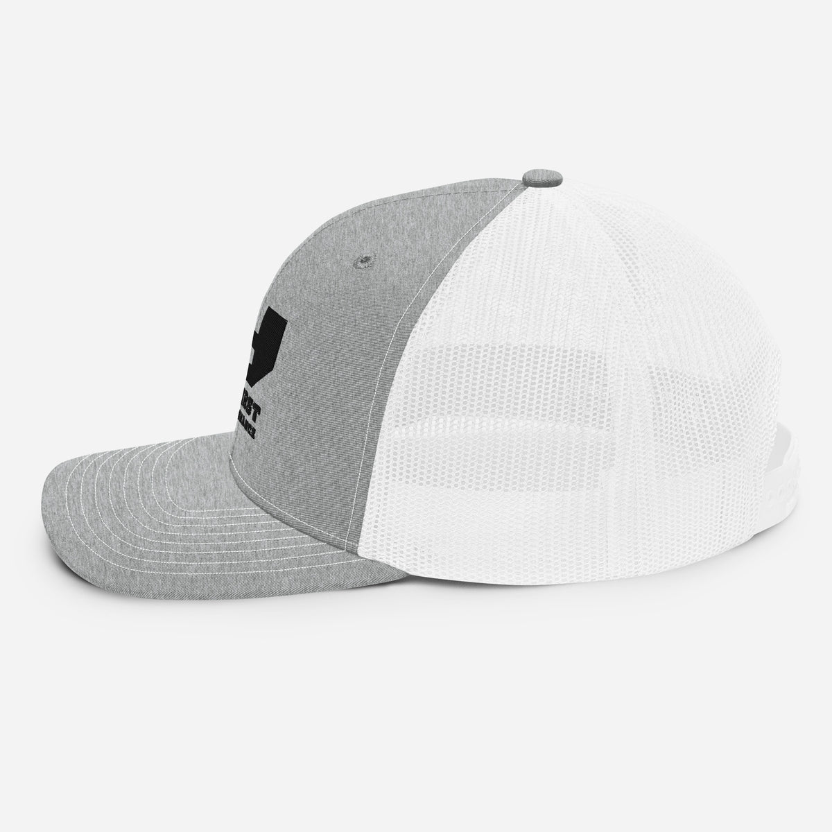 Finish First black logo trucker cap in heather grey and white, left side view