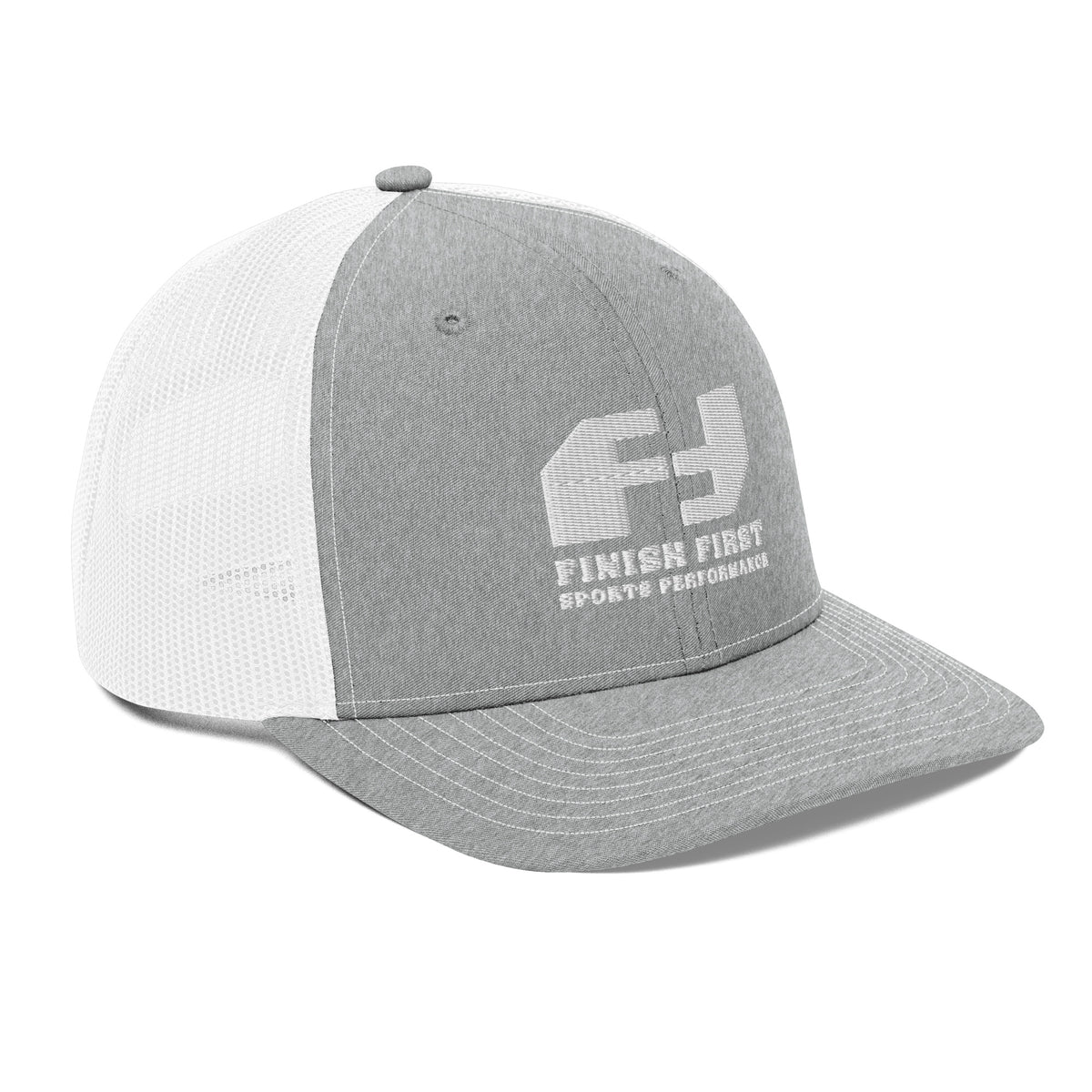 Finish First embroidered trucker cap in heather grey and white, right front view