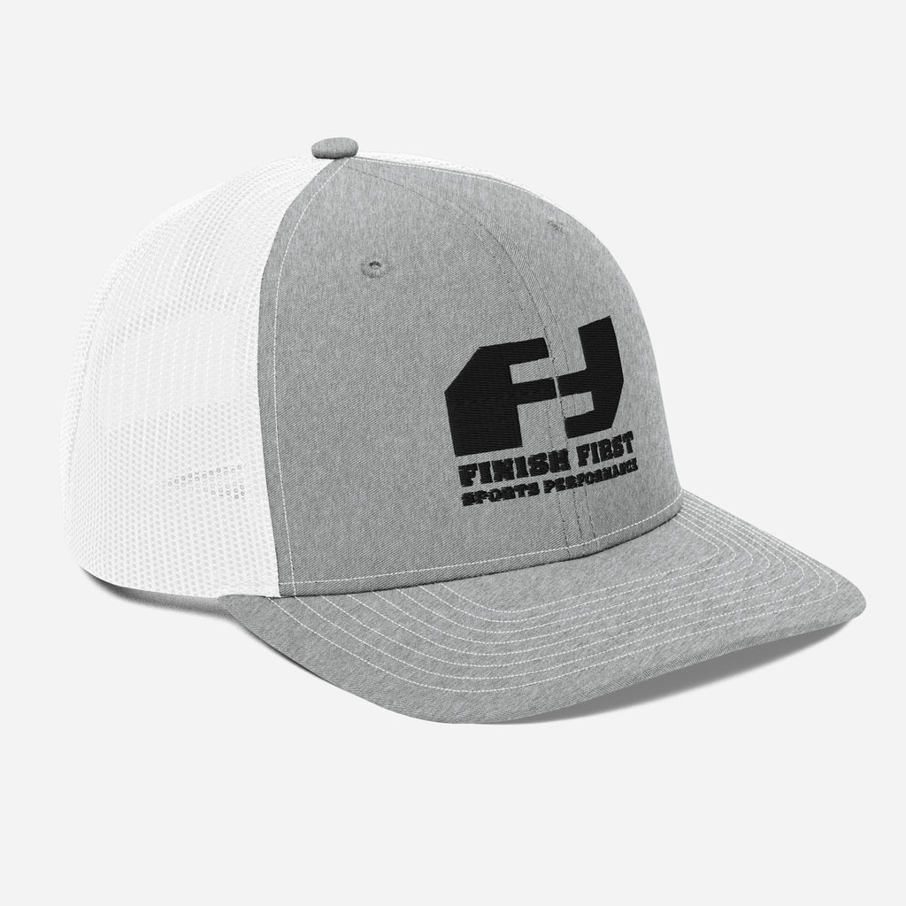 Finish First black logo trucker cap in heather grey and white, right front view
