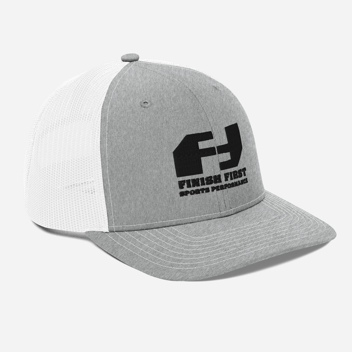 Finish First black logo trucker cap in heather grey and white, right front view