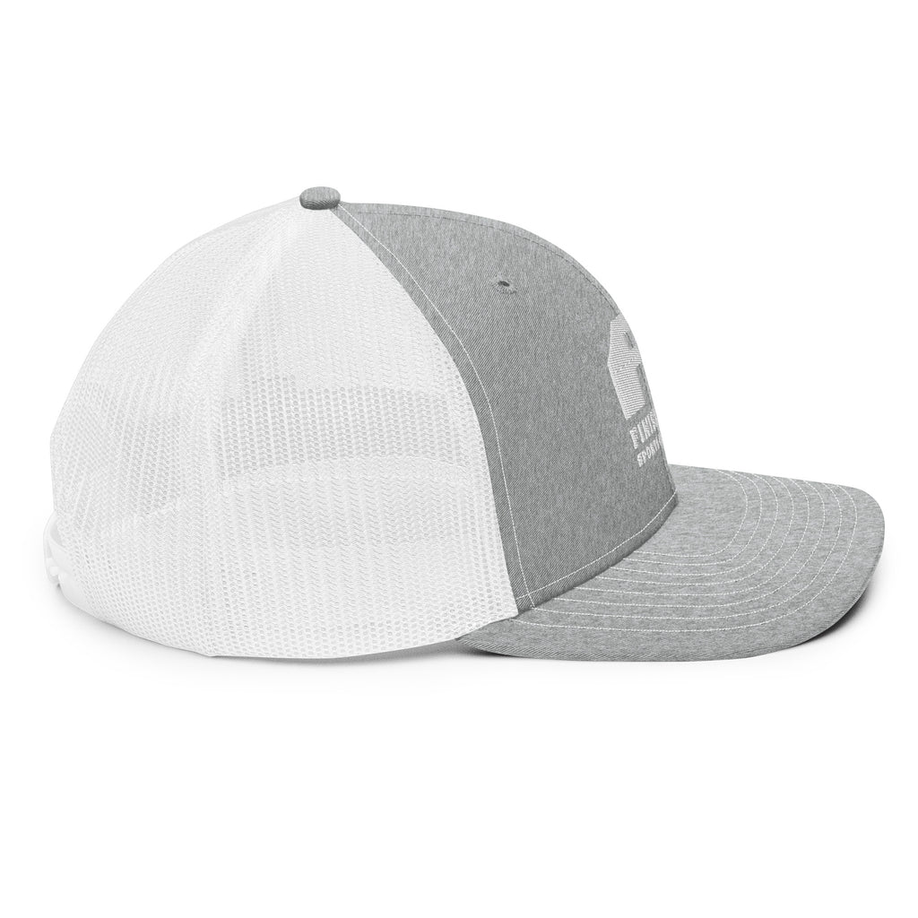 Finish First embroidered trucker cap in heather grey and white, right side view