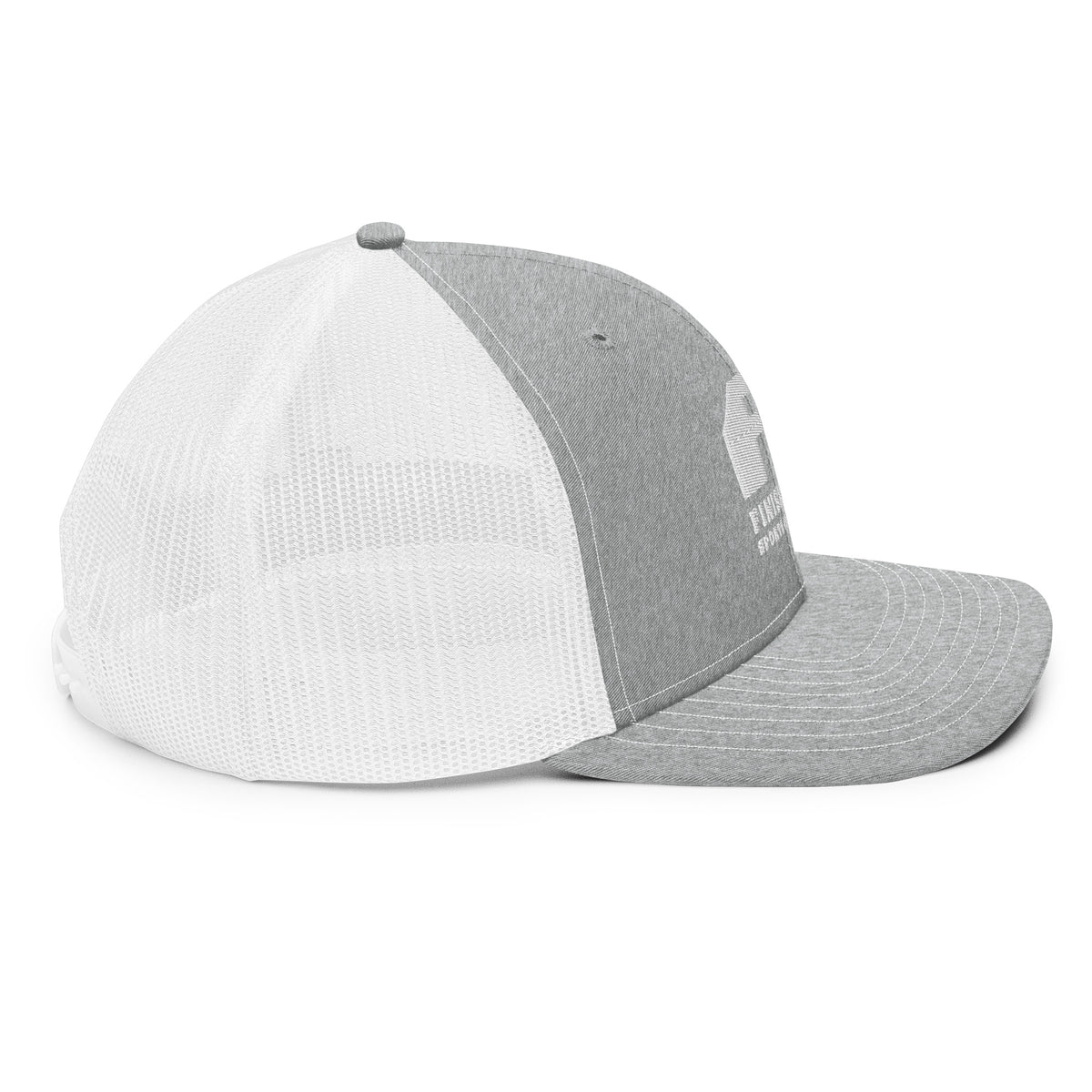 Finish First embroidered trucker cap in heather grey and white, right side view