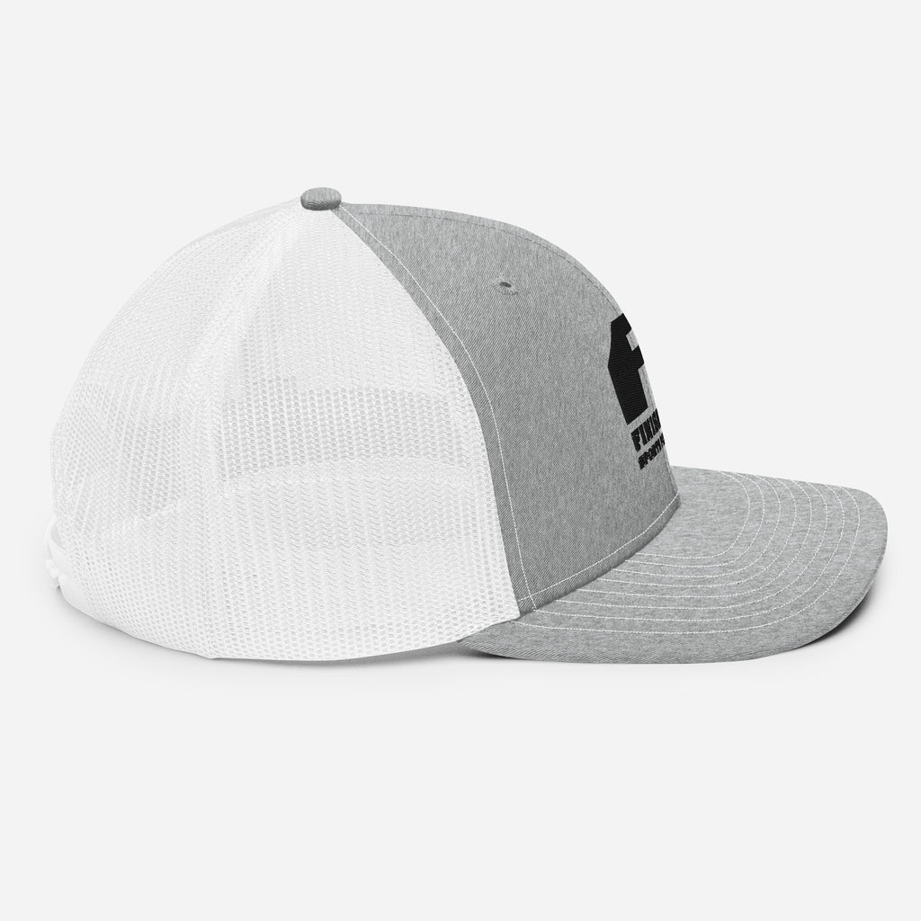 Finish First black logo trucker cap in heather grey and white, right side view
