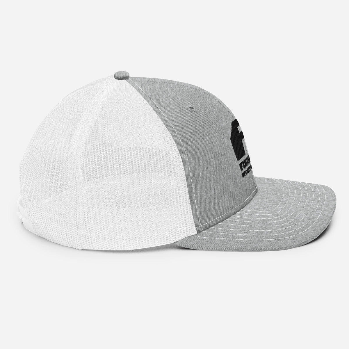 Finish First black logo trucker cap in heather grey and white, right side view