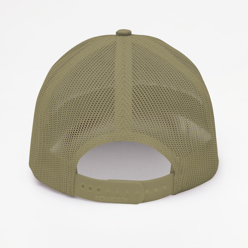 Finish First black logo trucker cap in loden, back view