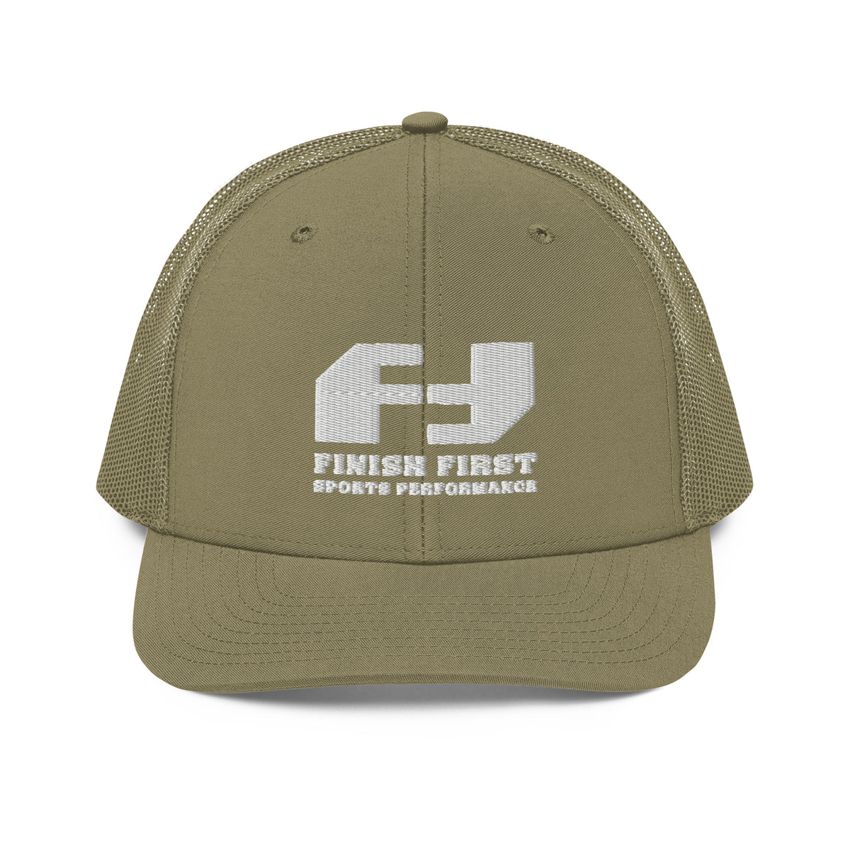Finish First embroidered trucker cap in loden, front view