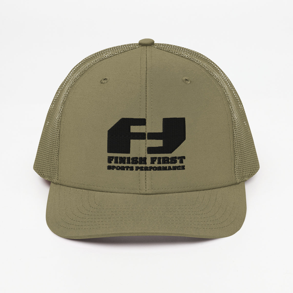 Finish First black logo trucker cap in loden, front view