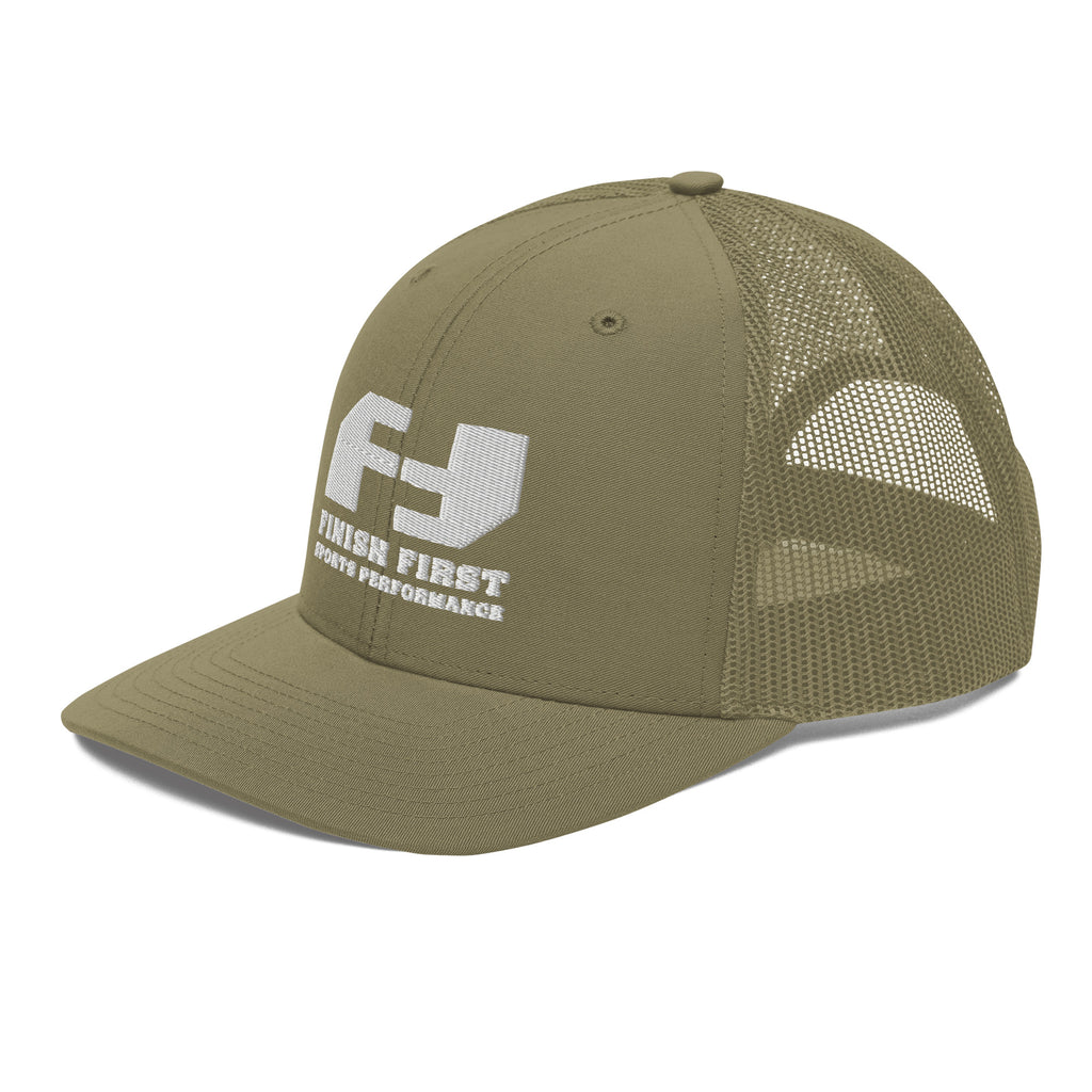 Finish First embroidered trucker cap in loden, left front view