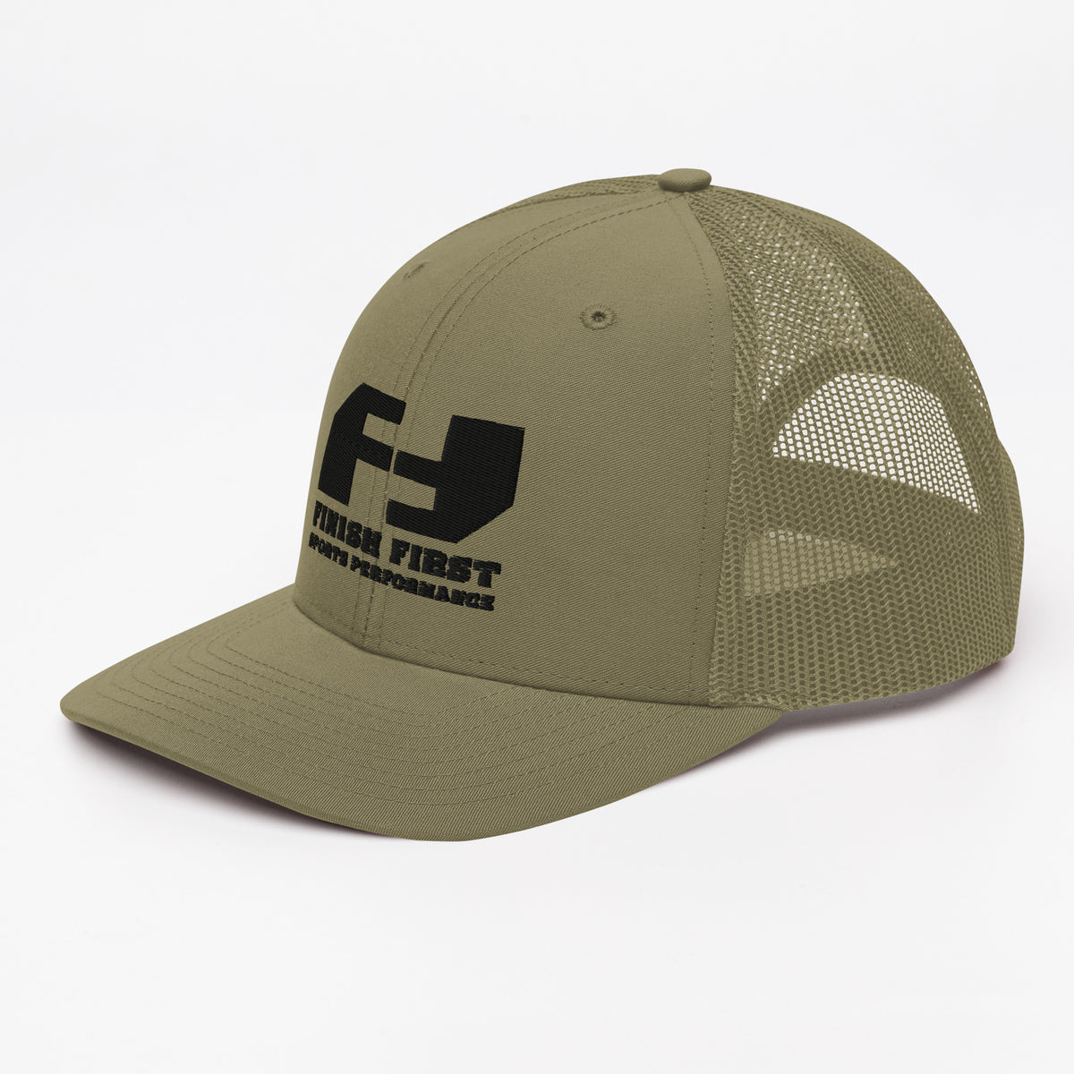 Finish First black logo trucker cap in loden, left front view