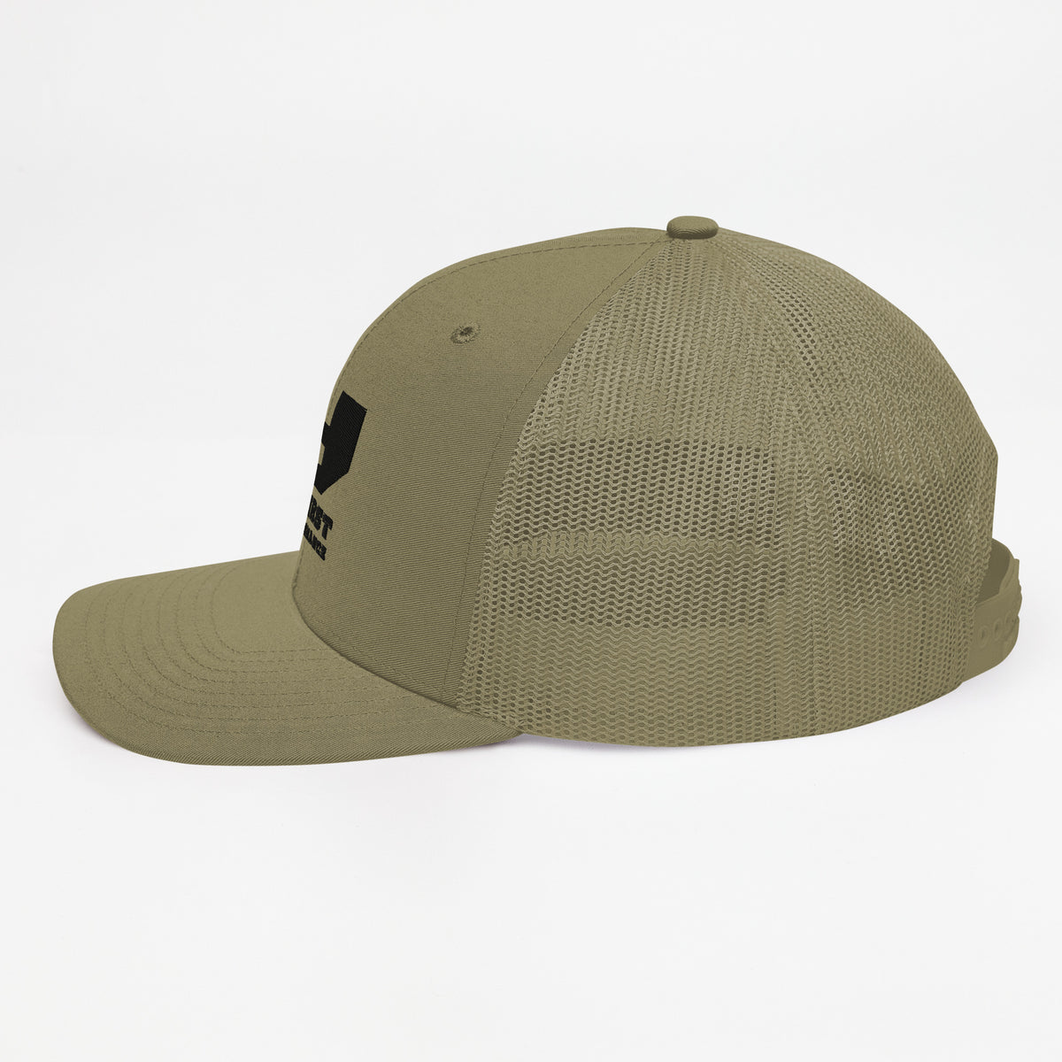 Finish First black logo trucker cap in loden, left side view