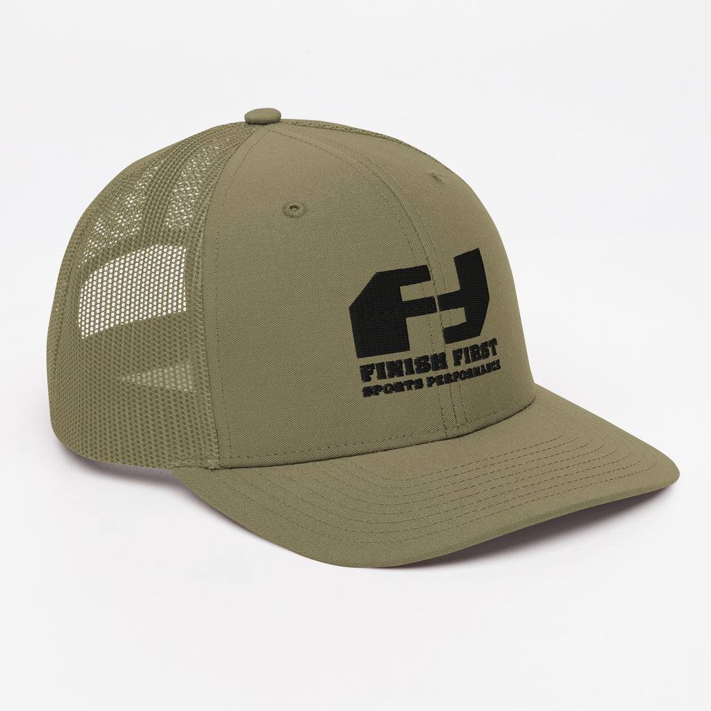 Finish First black logo trucker cap in loden, right front view