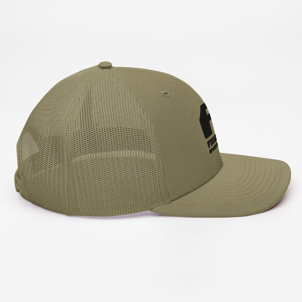 Finish First black logo trucker cap in loden, right side view