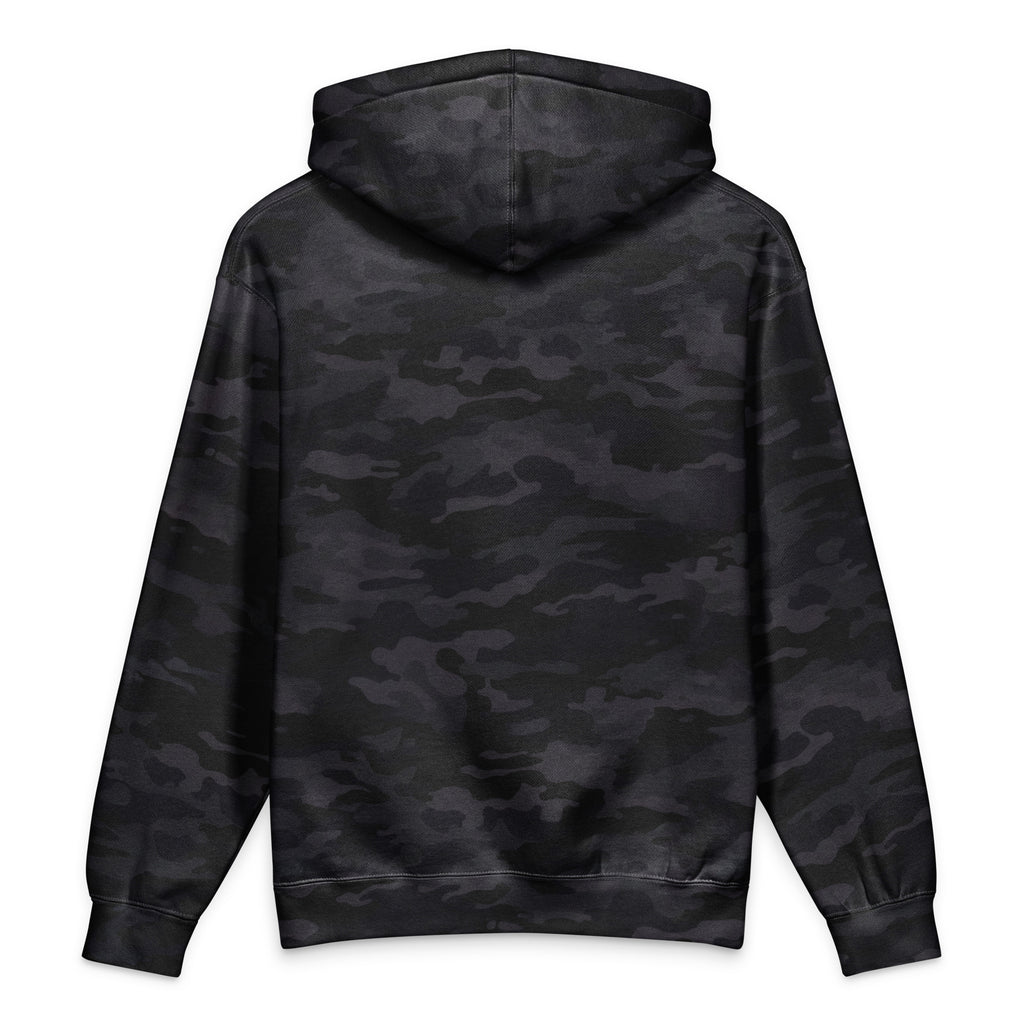 Finish First heavyweight hoodie in black camo, back view