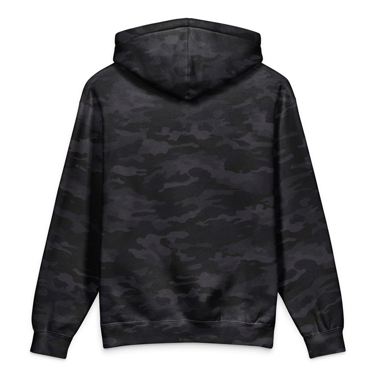 Finish First heavyweight hoodie in black camo, back view