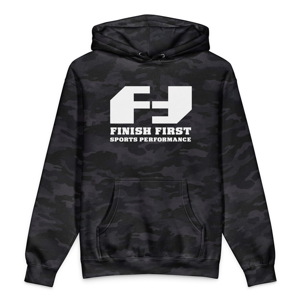 Finish First heavyweight hoodie in black camo, front view