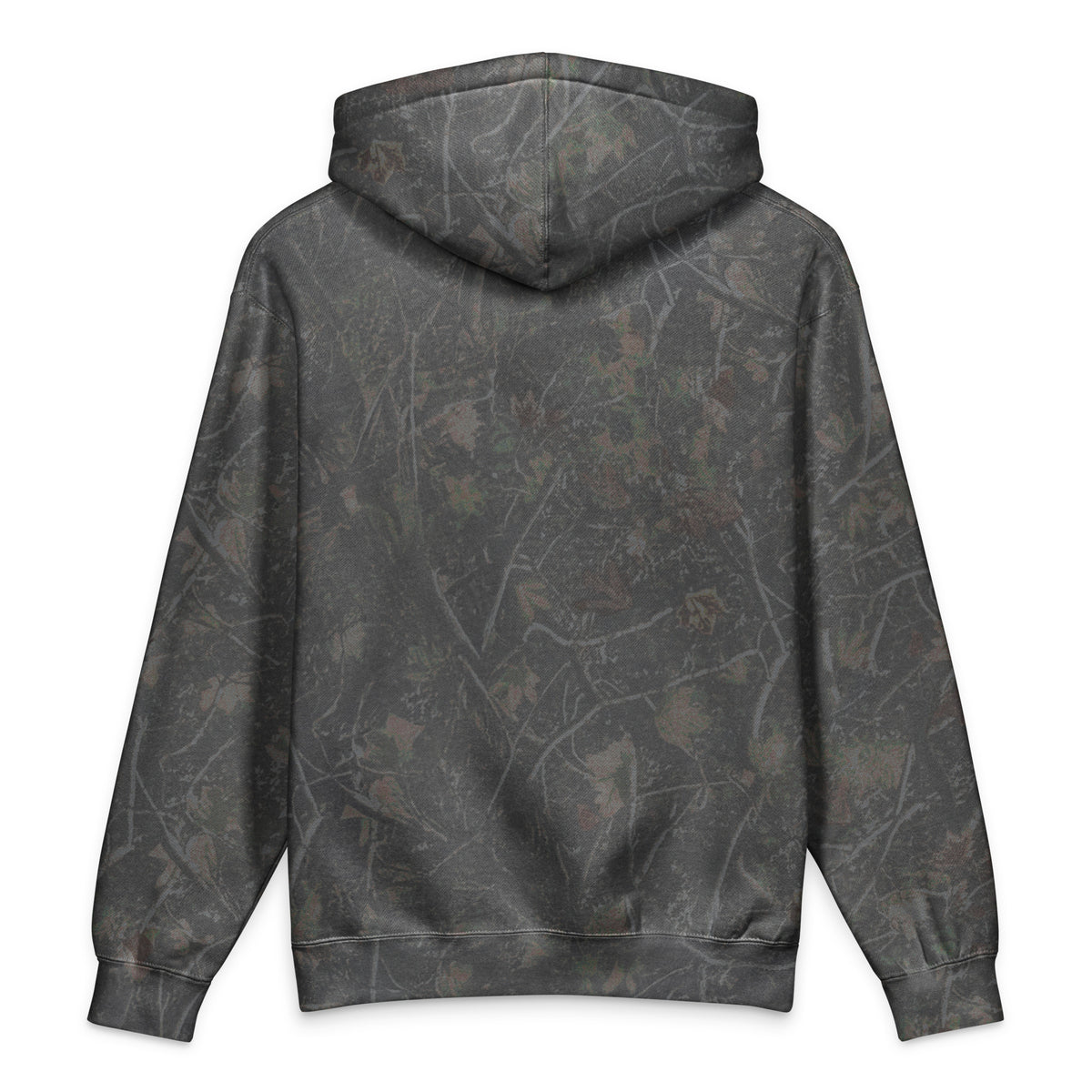 Finish First heavyweight hoodie in darkwood tree camo, back view