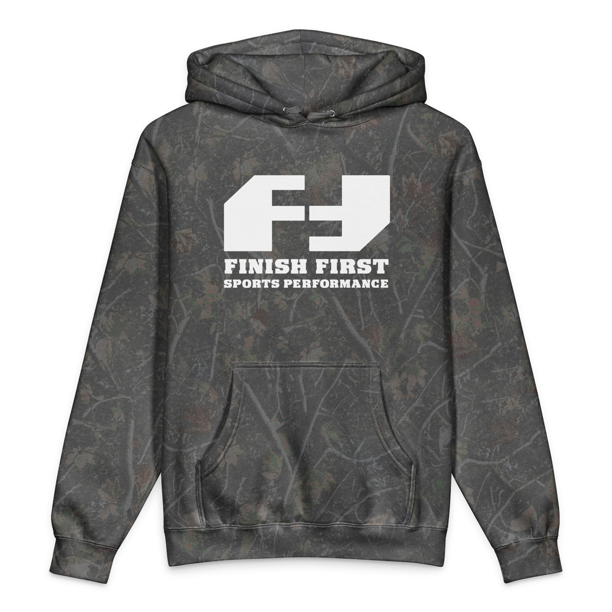 Finish First heavyweight hoodie in darkwood tree camo, front view