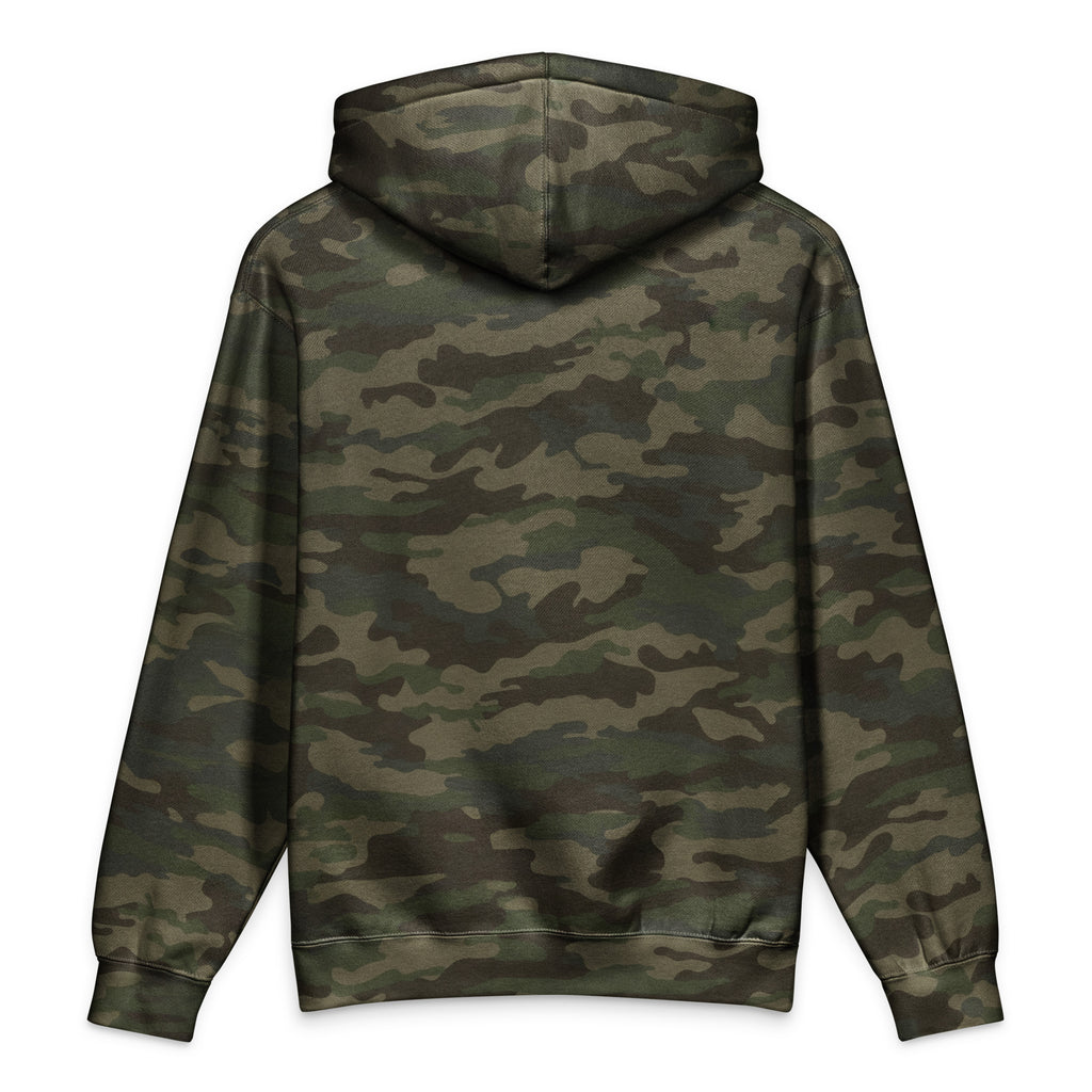 Finish First heavyweight hoodie in forest camo, back view