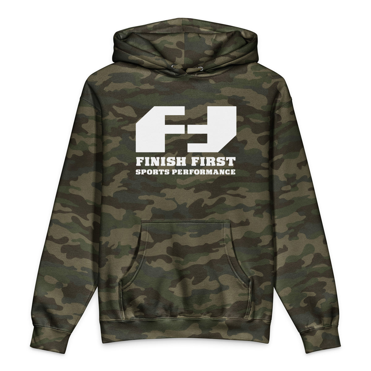 Finish First heavyweight hoodie in forest camo, front view