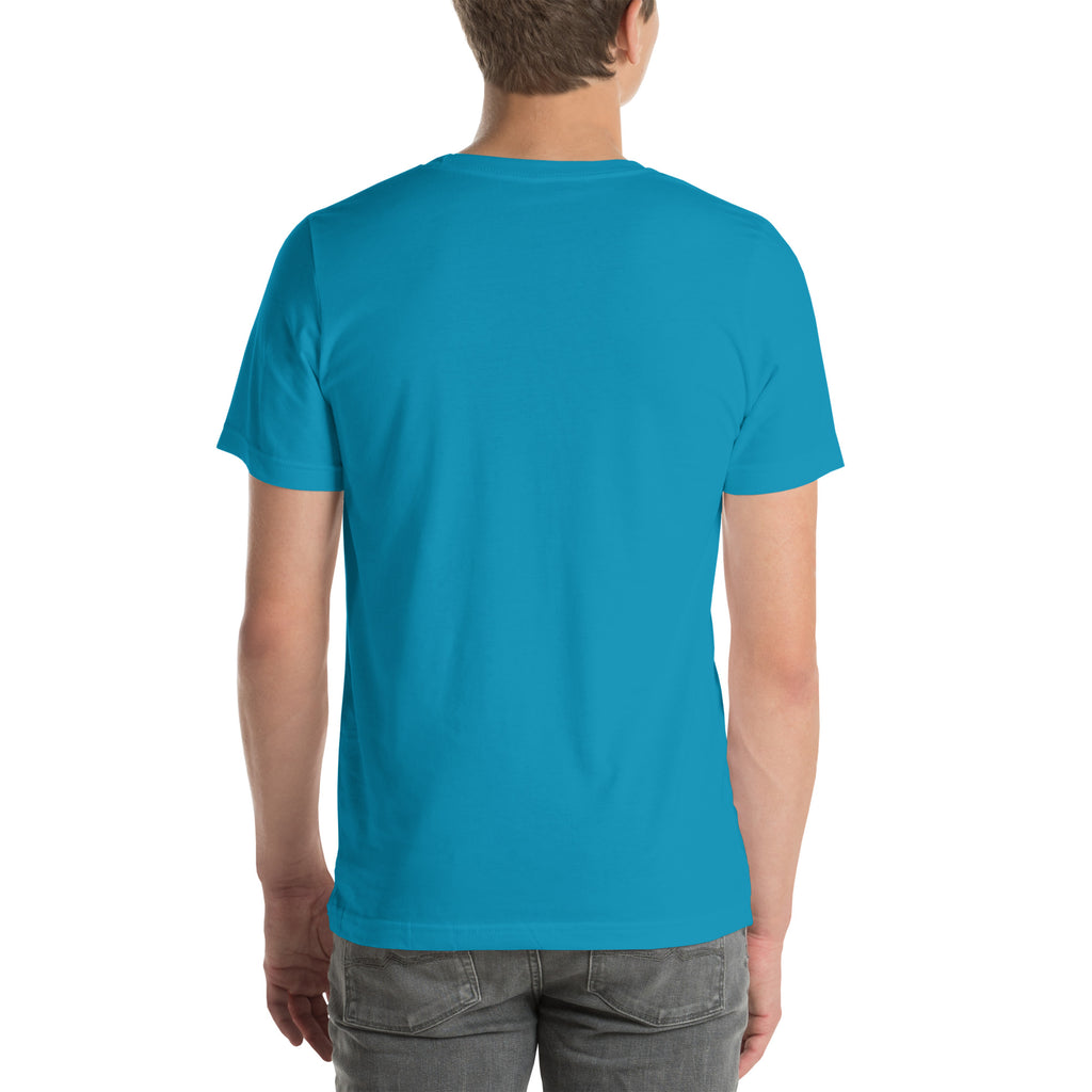 Finish First logo tee in aqua, back view