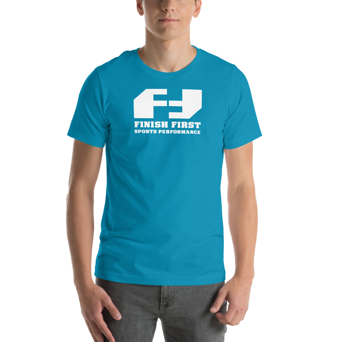 Finish First logo tee in aqua, front view