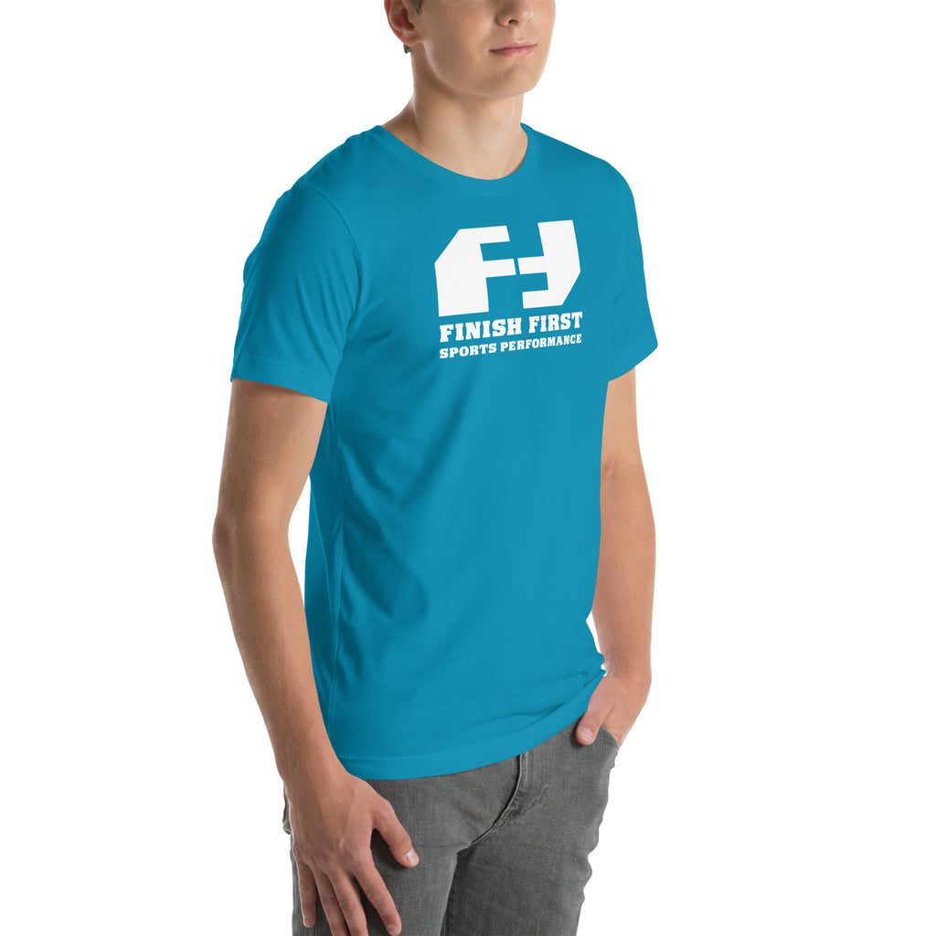 Finish First logo tee in aqua, right front view