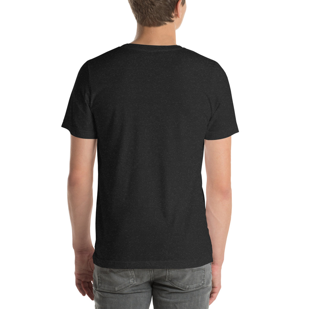 Finish First logo tee in black heather, back view