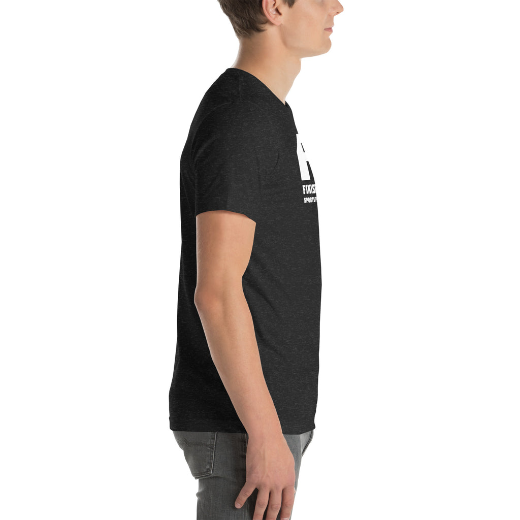 Finish First logo tee in black heather, right view