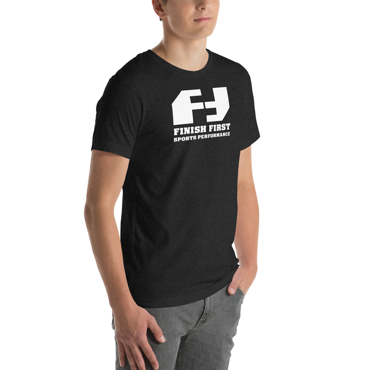 Finish First logo tee in black heather, right front view