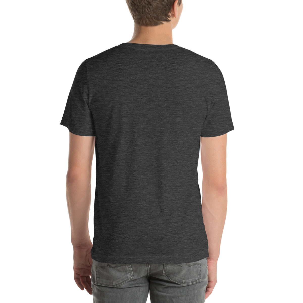 Finish First logo tee in dark grey heather, back view