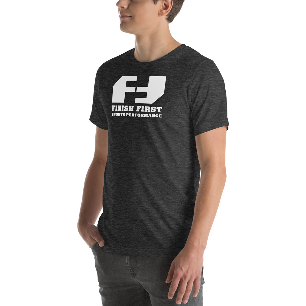 Finish First logo tee in dark grey heather, left front view