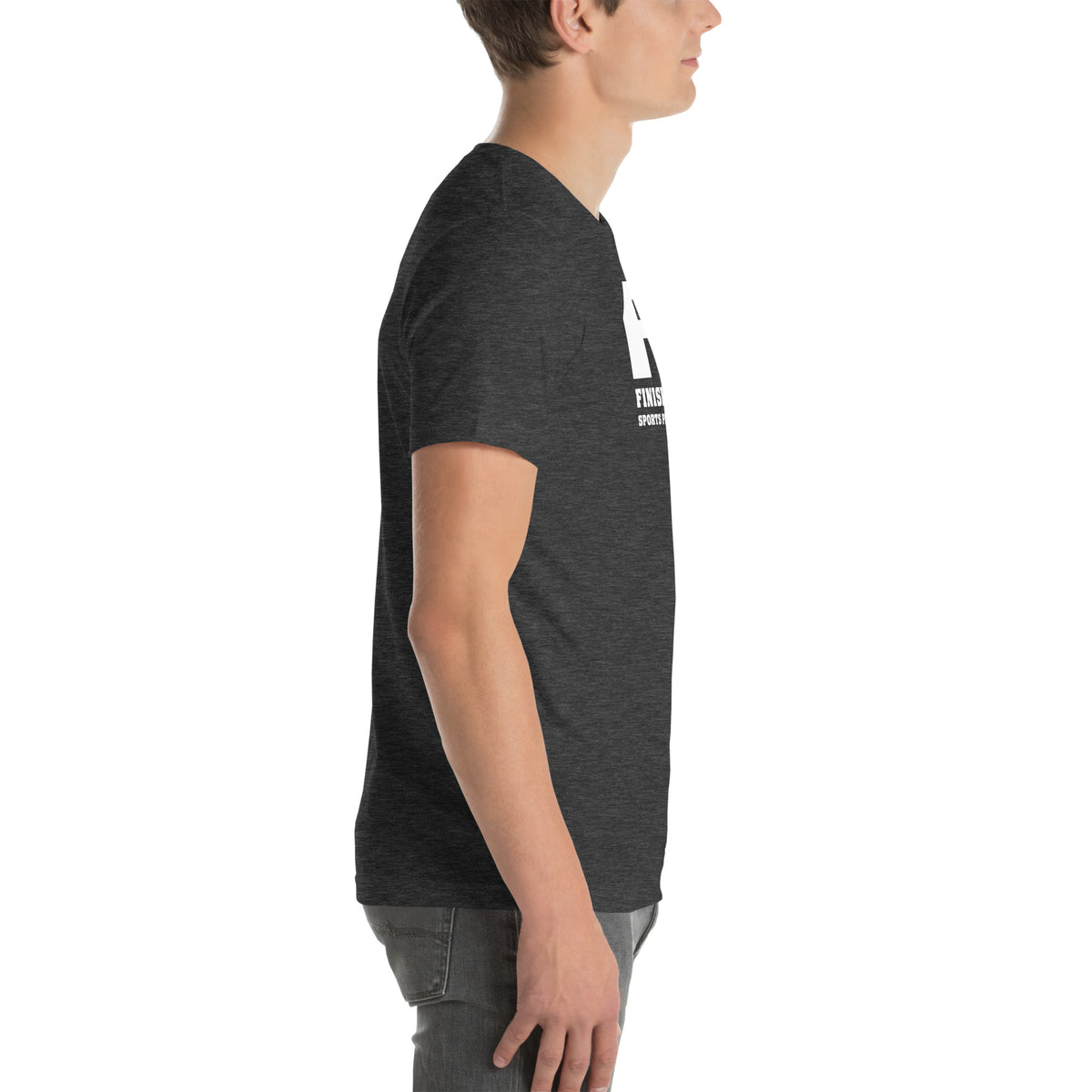 Finish First logo tee in dark grey heather, right view