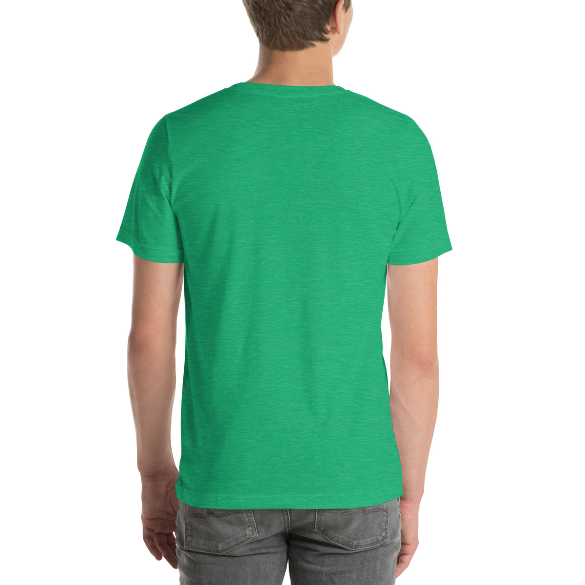 Finish First logo tee in heather kelly, back view