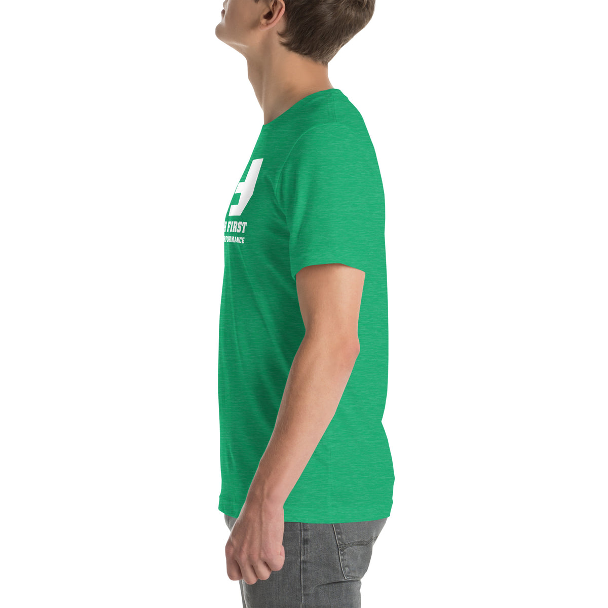 Finish First logo tee in heather kelly, left view