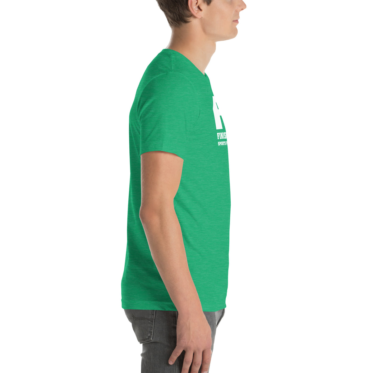 Finish First logo tee in heather kelly, right view